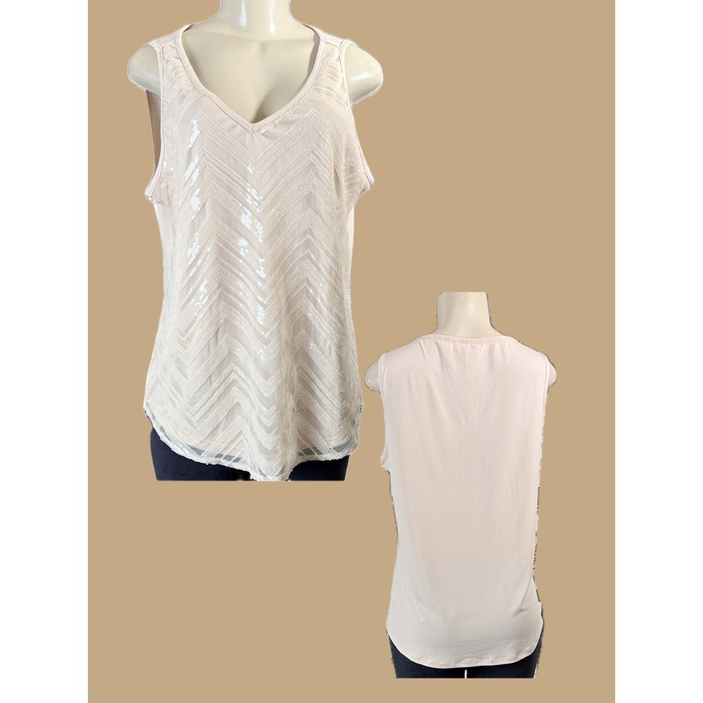 New York & Company L Stone Beige Mesh Sequin Front Lined V-Neck Sleeveless Top